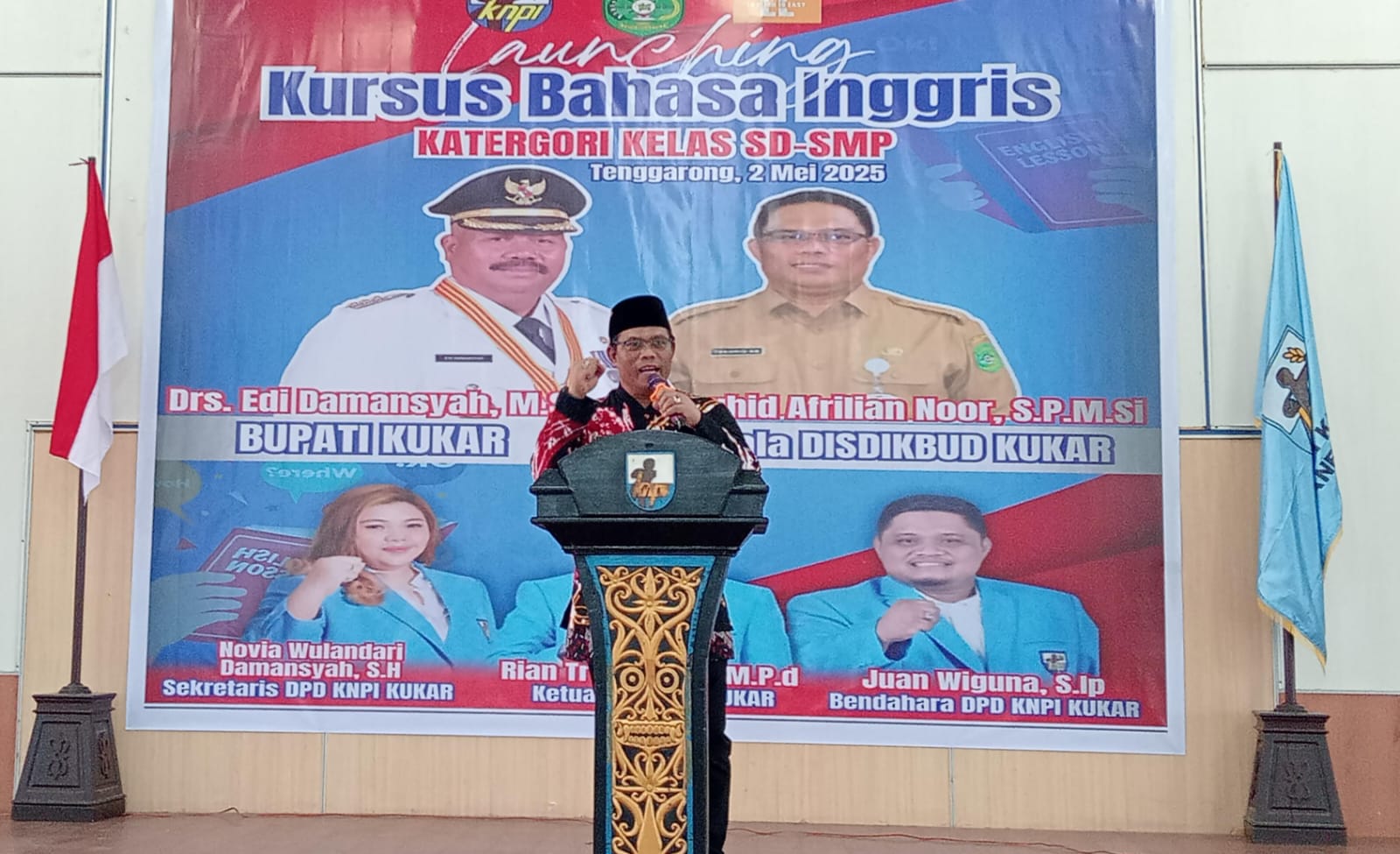 Sambutan Kepala Disdikbud Kukar, Thauhid Afrilian Noor pada agenda kegiatan yang di selenggarakan oleh KNPI Kukar (Adv/ruteberita).